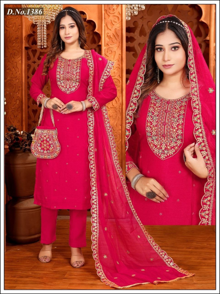 Red Vichitra Silk Straight Suit Set