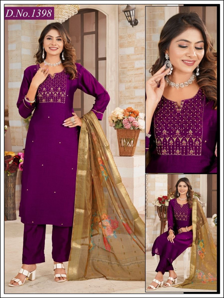 Purple Vichitra Silk Straight Suit Set