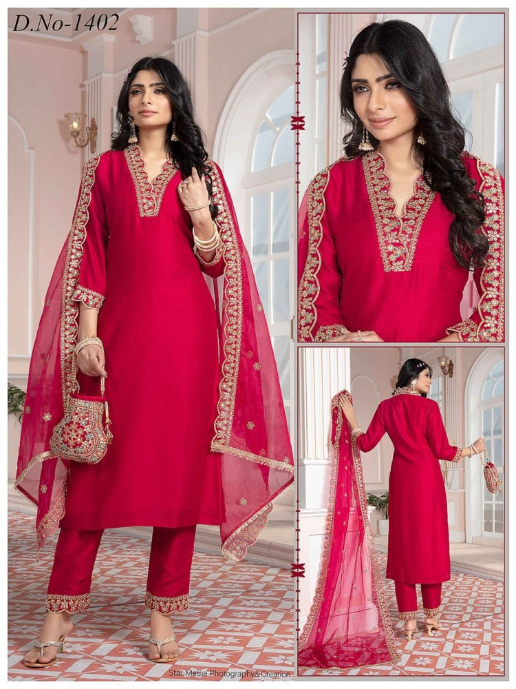 Red Vchitra Silk Straight Suit Set