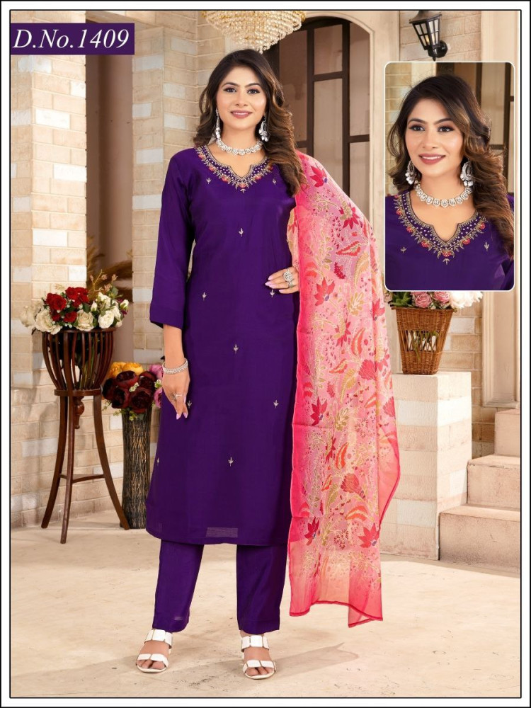 Purple Vichitra Silk Straight Suit Set