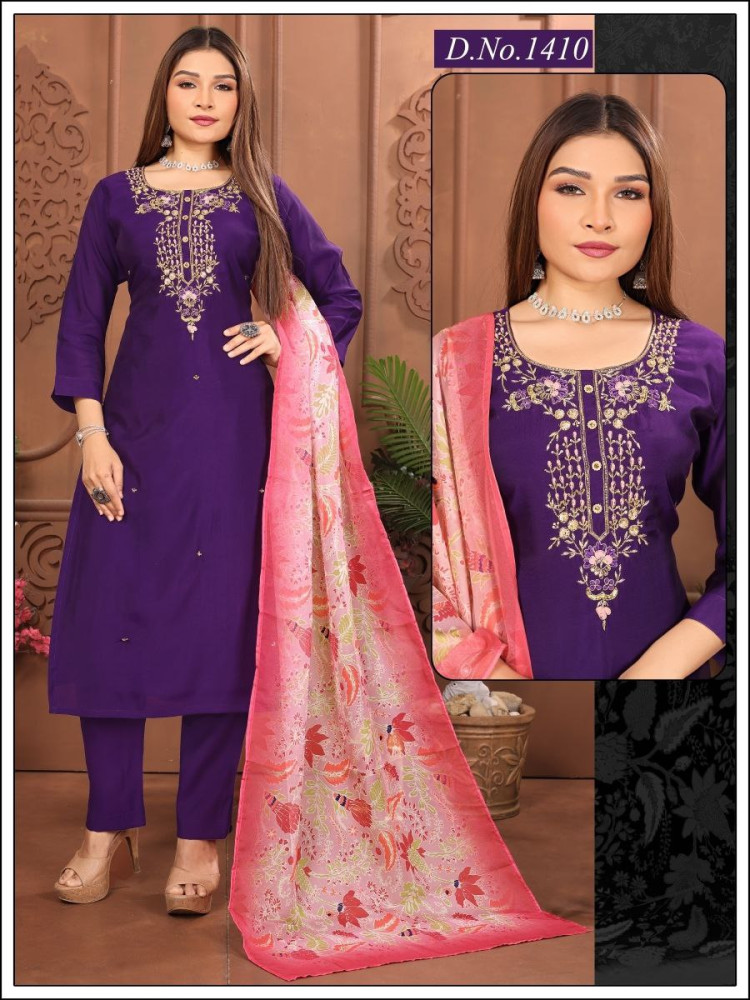 Purple Vichitra Silk Straight Suit Set
