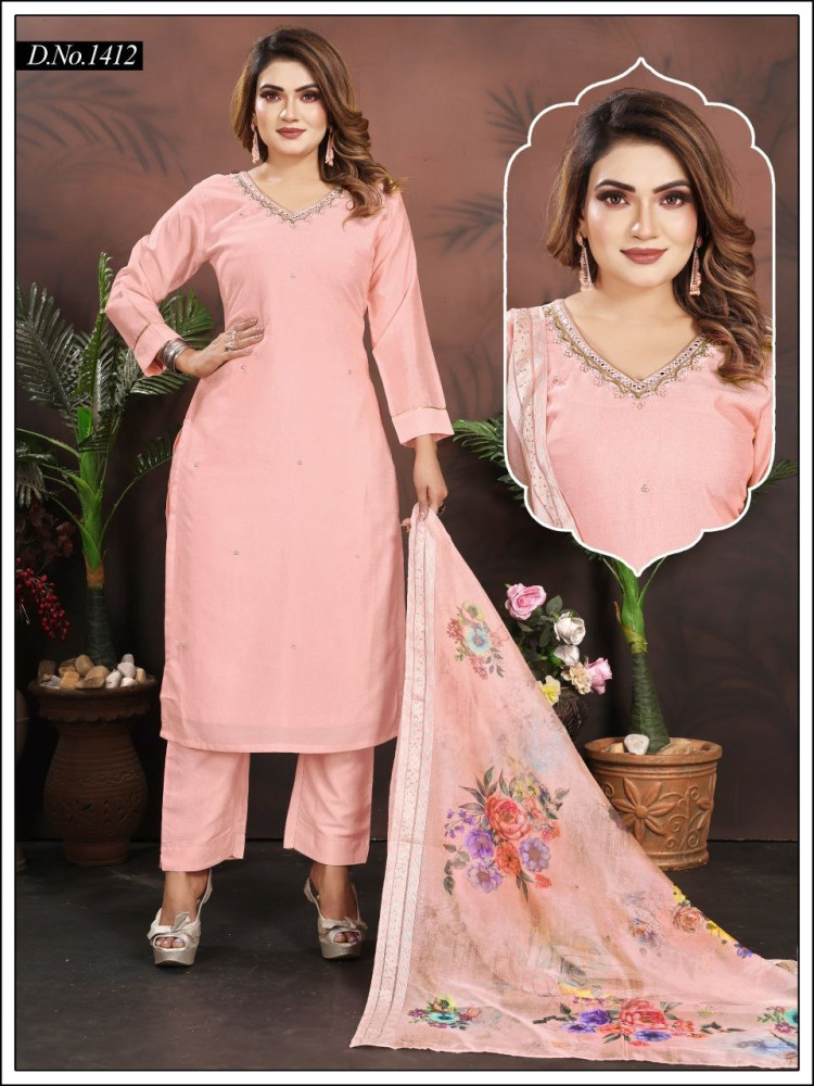 Peach Vichitra Silk Straight Suit Set
