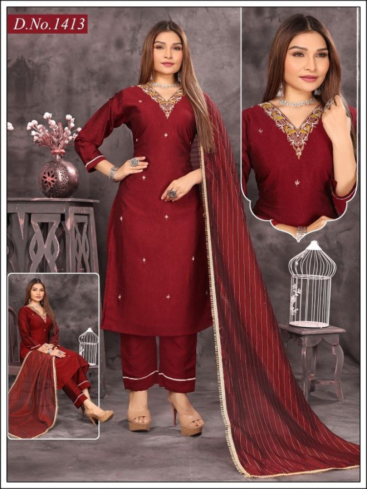 Maroon Vichitra Silk Straight Suit Set