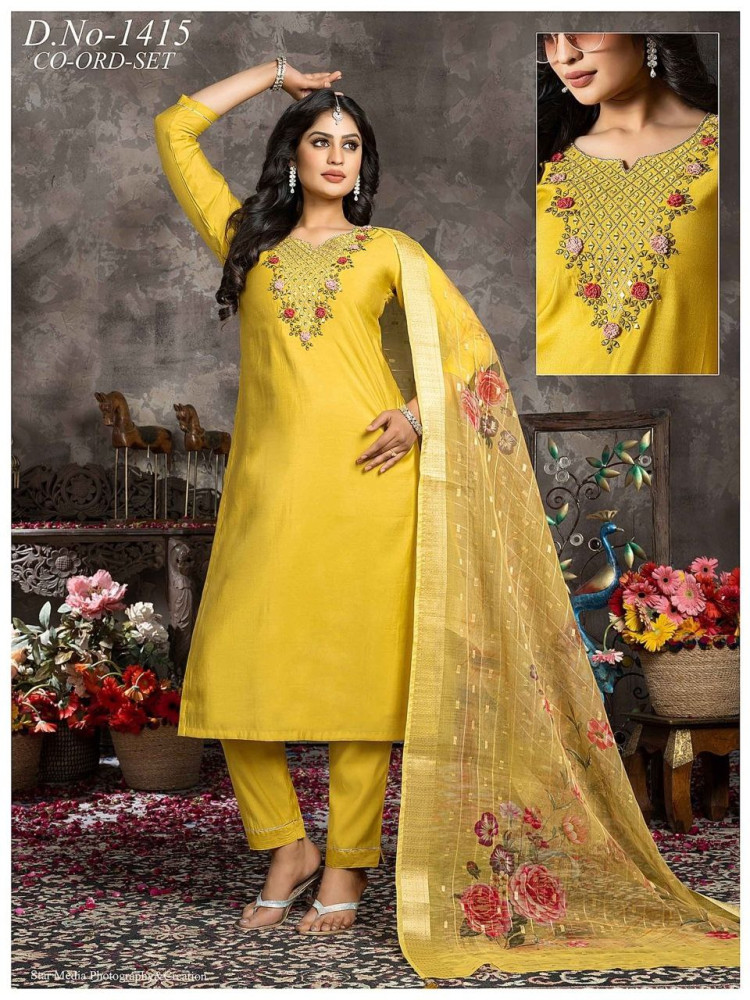 Yellow Roman Silk Straight Suit Set
