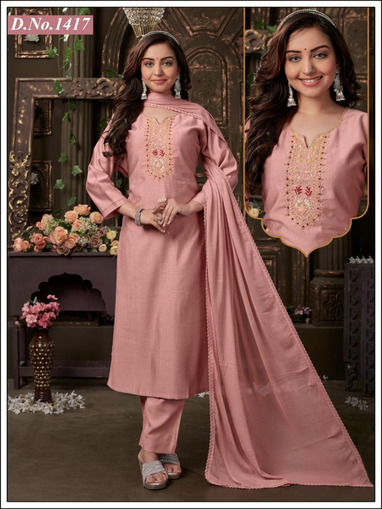 Peach Vatikan Viscose Straight Suit Set
