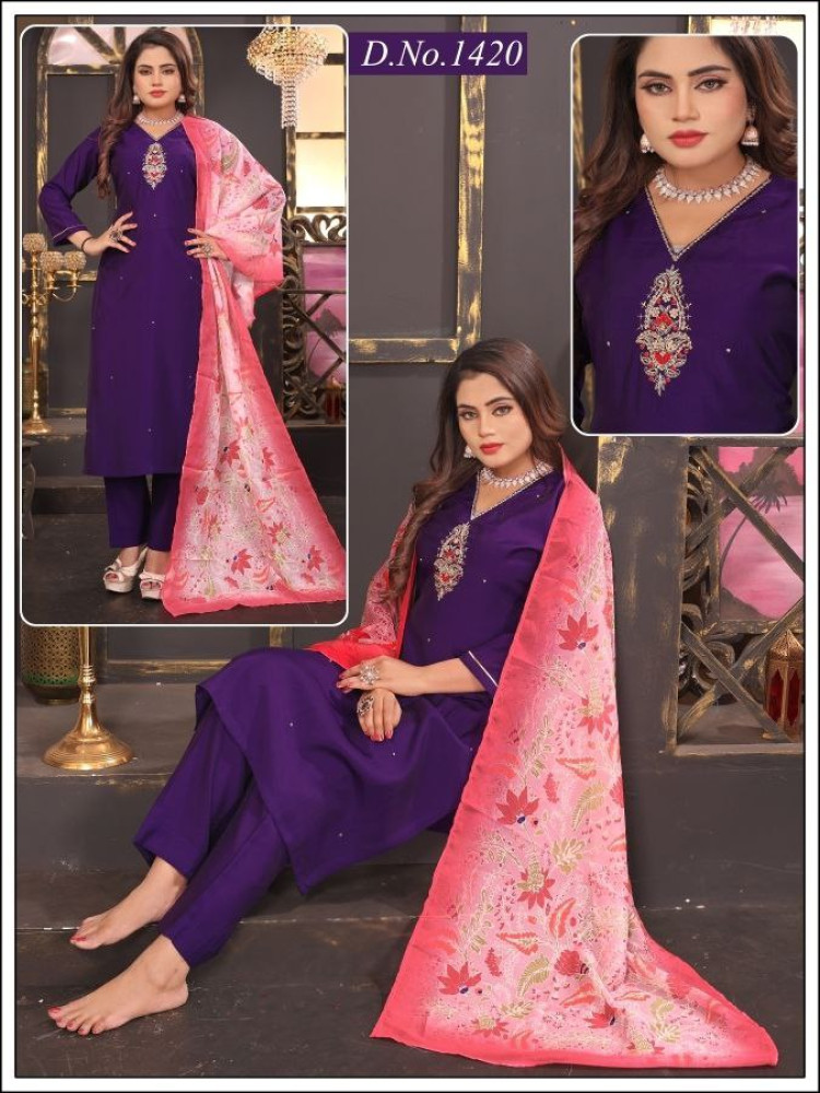 Purple Vichitra Silk Straight Suit Set