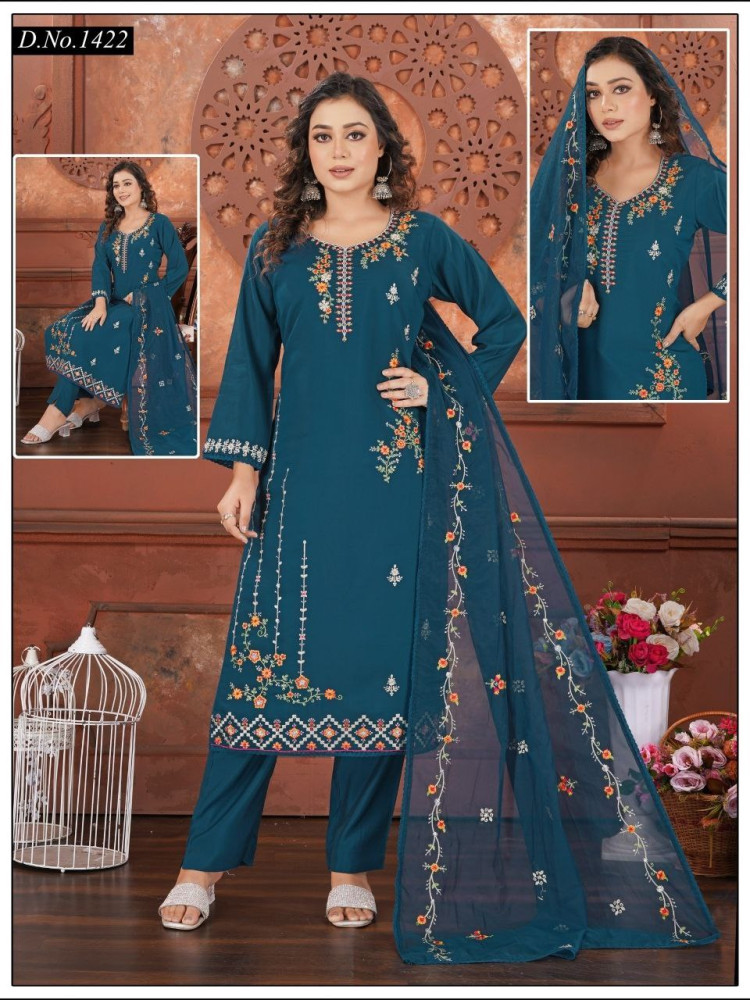 Teal Blue Roman Silk Straight Suit