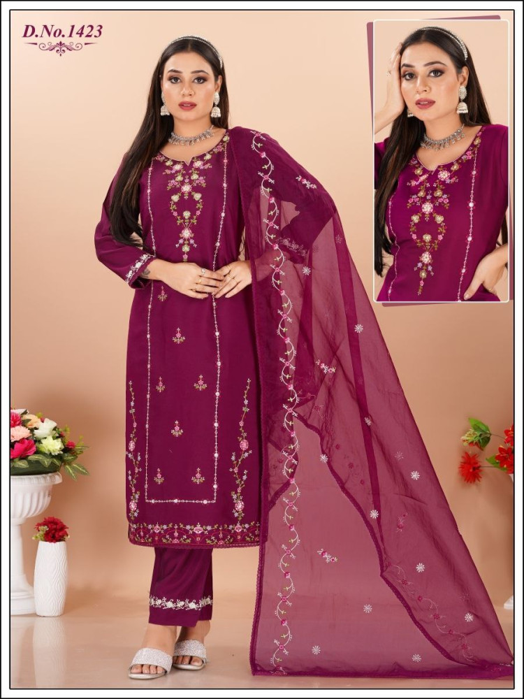 Magenta Roman Silk Straight Suit Set