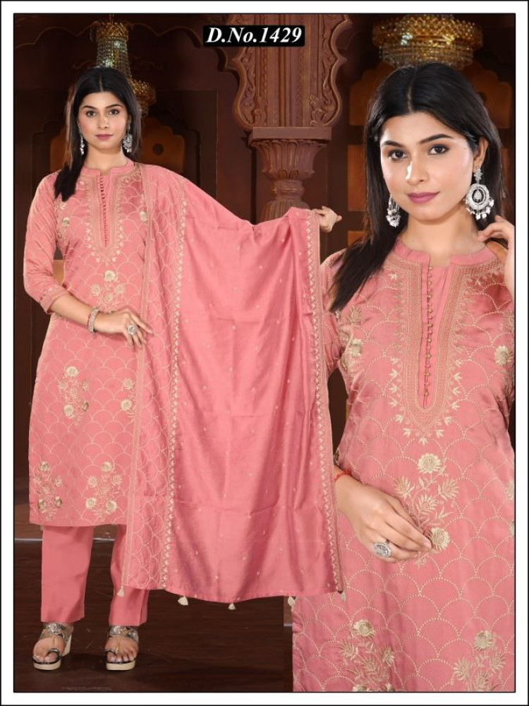 Peach Roman Silk Straight Suit Set