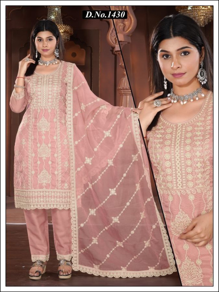 Peach Organza Straight Suit Set
