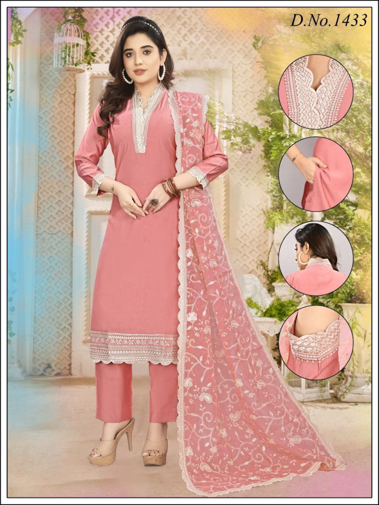 Peach Roman Silk Straight Suit Set