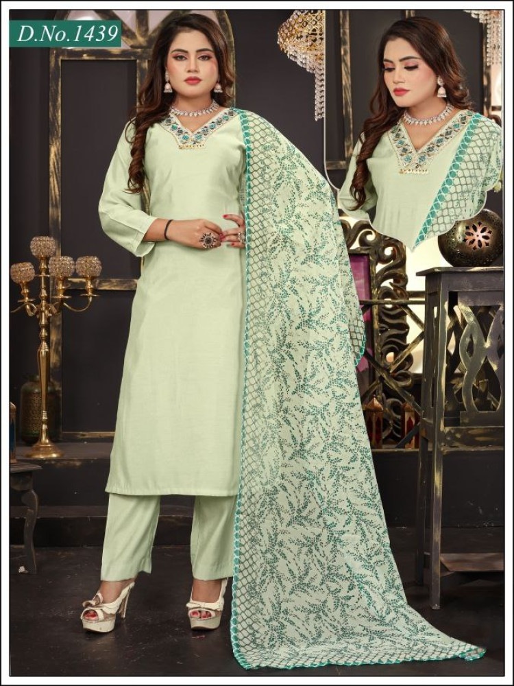 Pista Green Roman Silk Kurta Pant Set