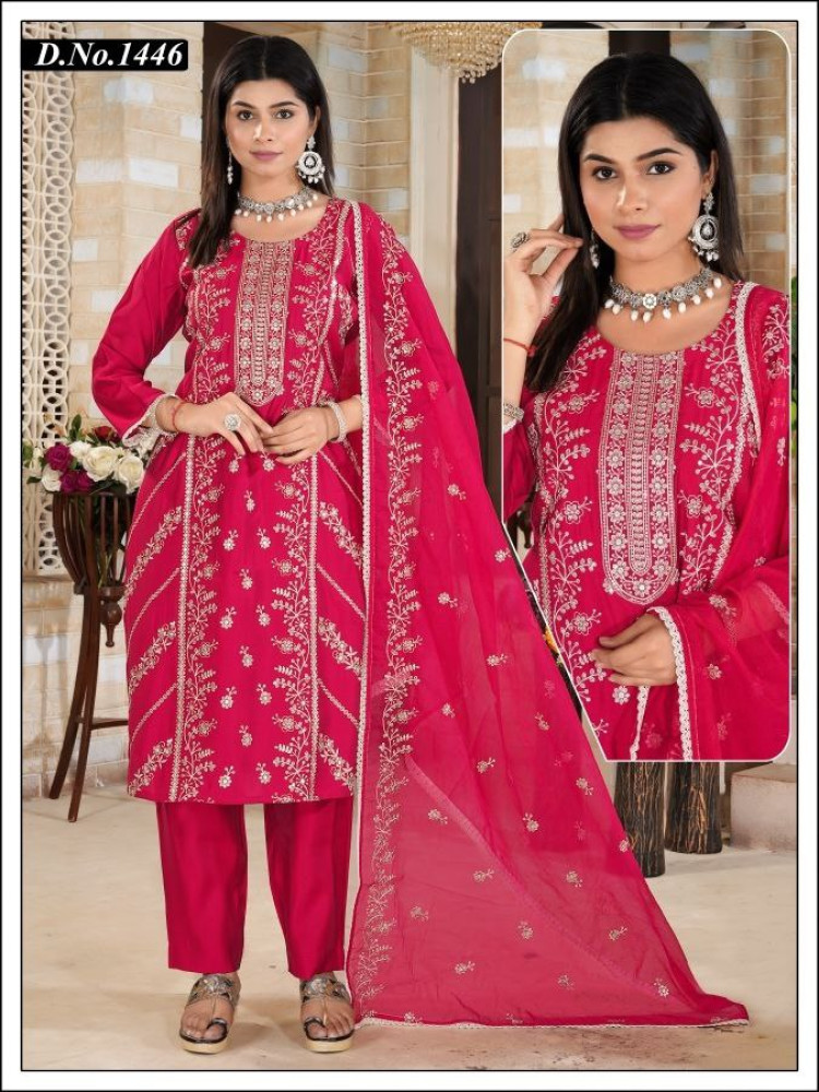 Maroon Roman Silk Kurta Pant Set