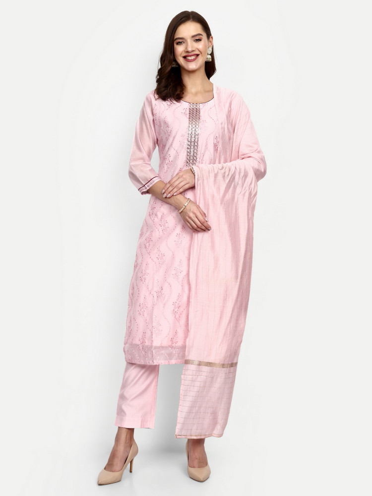 Light Pink Modal Chanderi Straight Suit Set