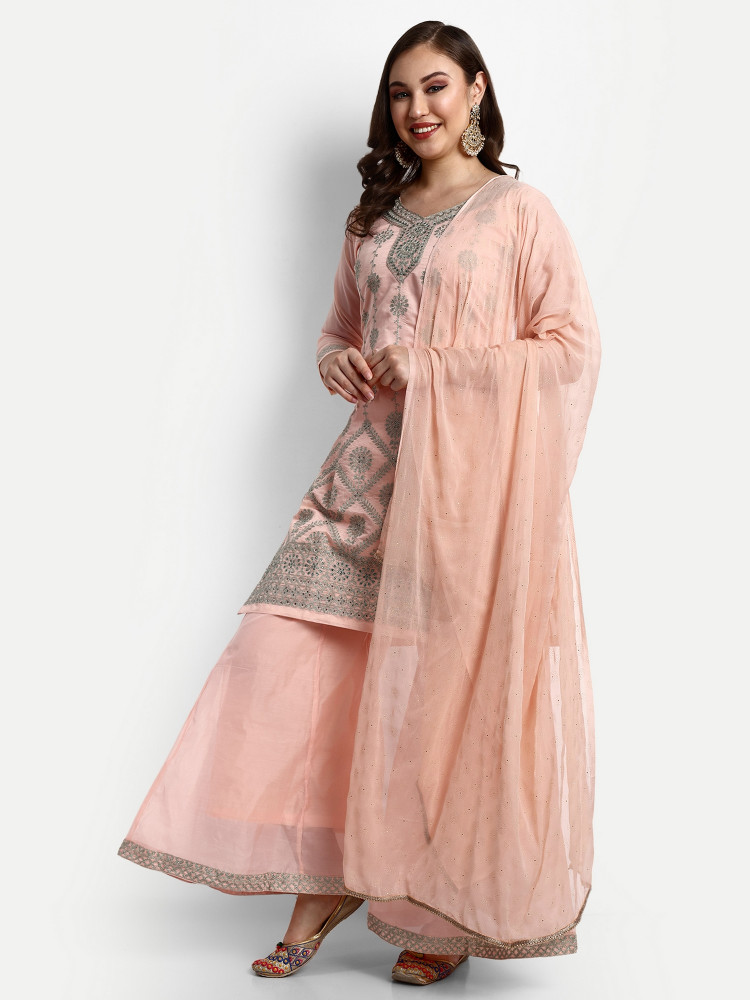 Peach Modal Chanderi Plazo Suit Set