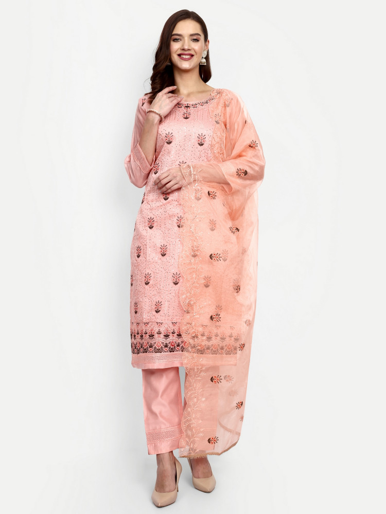 Peach Modal Chanderi Straight Suit Set