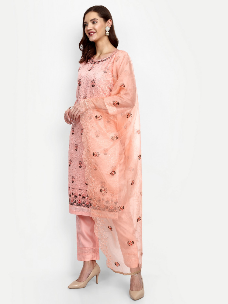 Peach Modal Chanderi Straight Suit Set