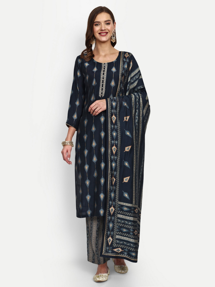 Navy Blue Modal Chanderi Straight Suit Set