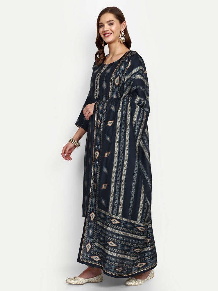 Navy Blue Modal Chanderi Straight Suit Set