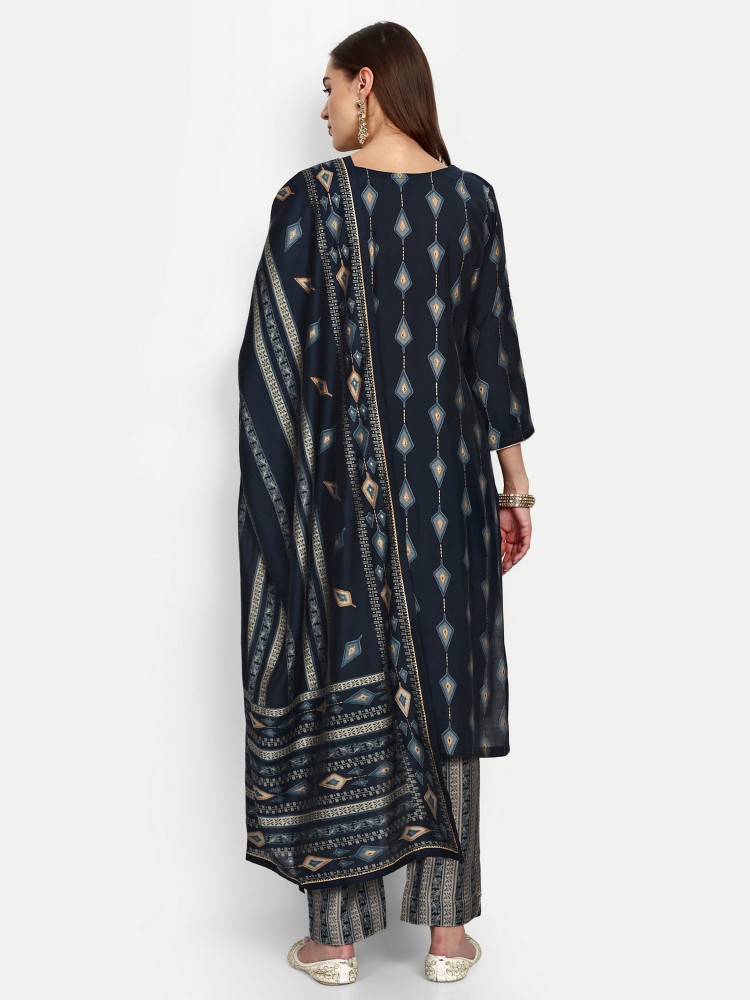 Navy Blue Modal Chanderi Straight Suit Set