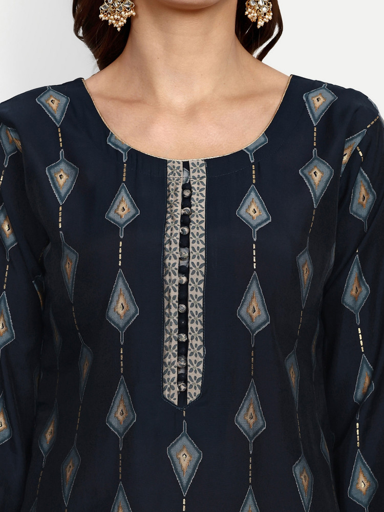 Navy Blue Modal Chanderi Straight Suit Set