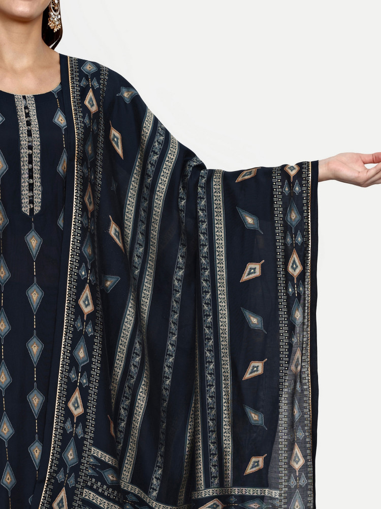 Navy Blue Modal Chanderi Straight Suit Set