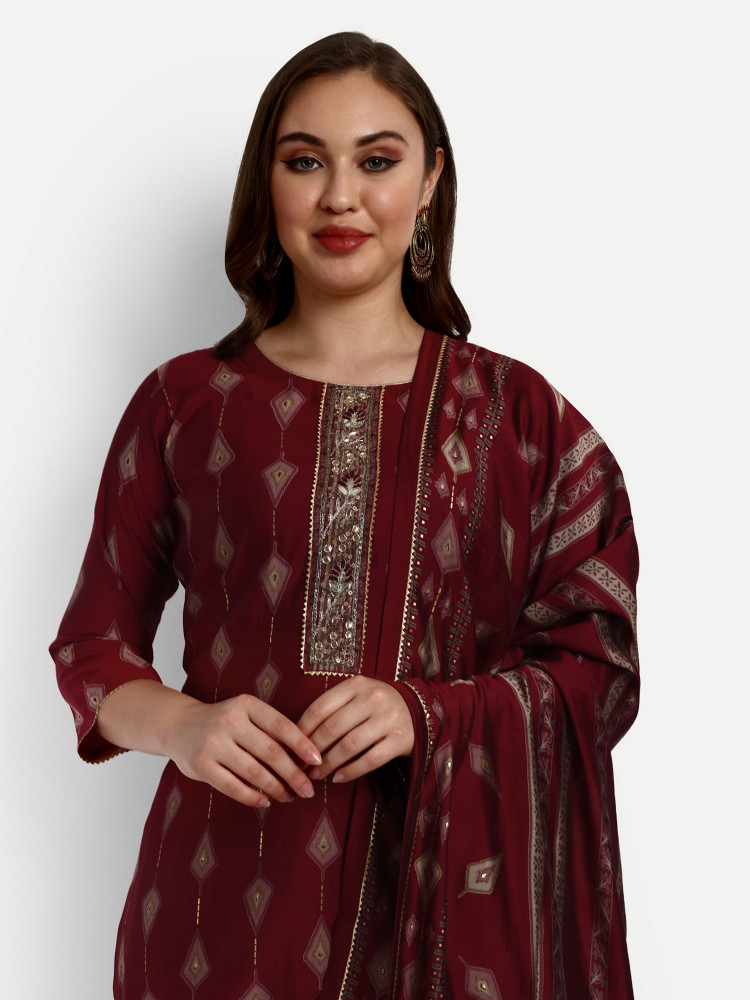 Red Modal Chanderi Mill Print Straight Suit Set