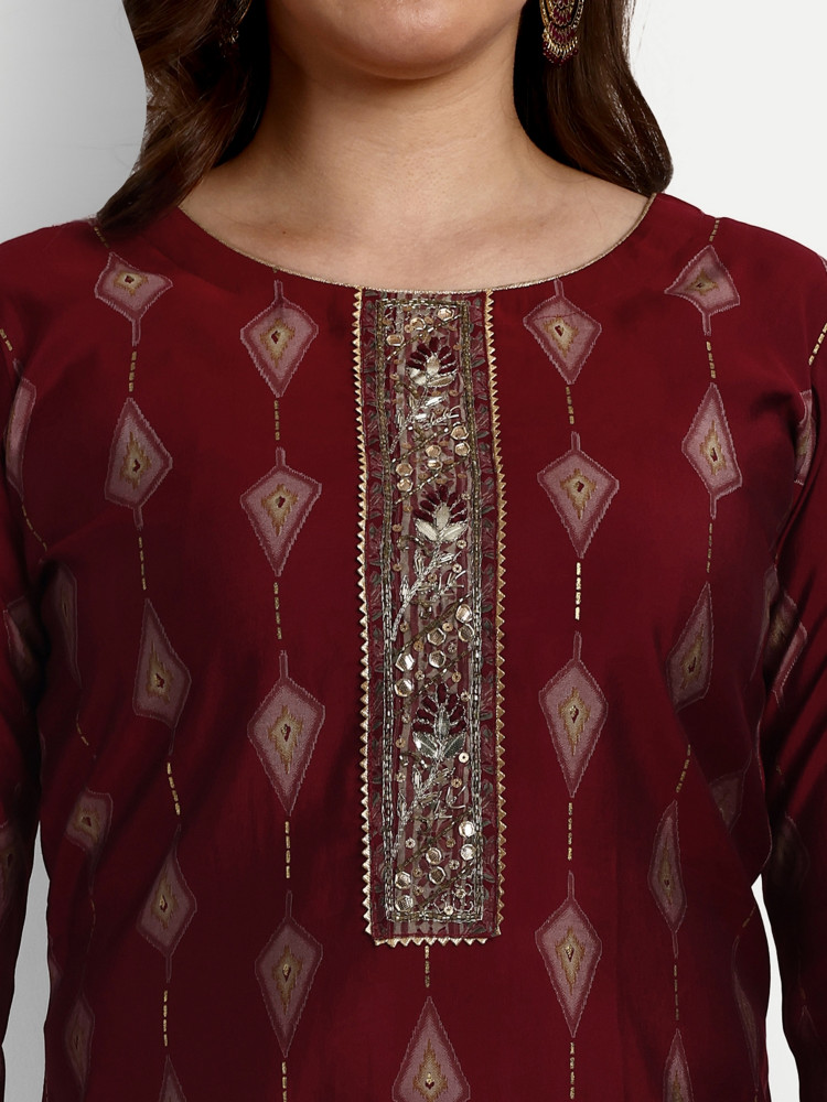 Red Modal Chanderi Mill Print Straight Suit Set