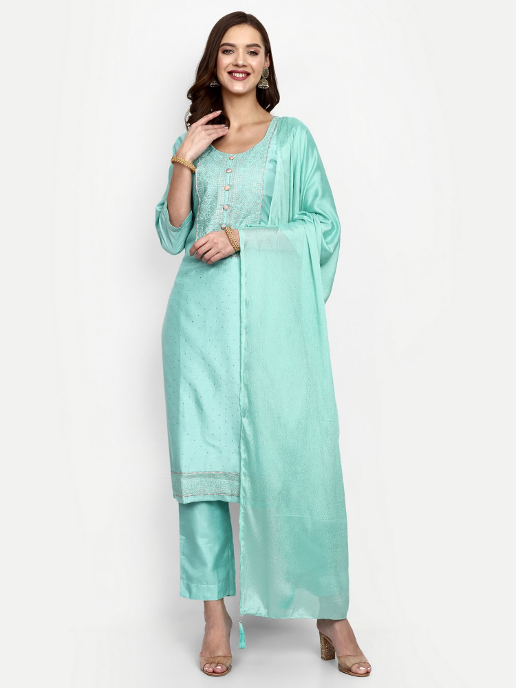 Sky Blue Dola Silk Straight Suit Set