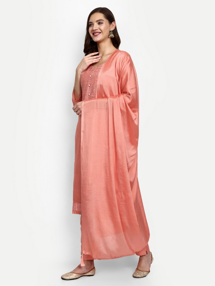 Peach Dola Silk Straight Suit Set