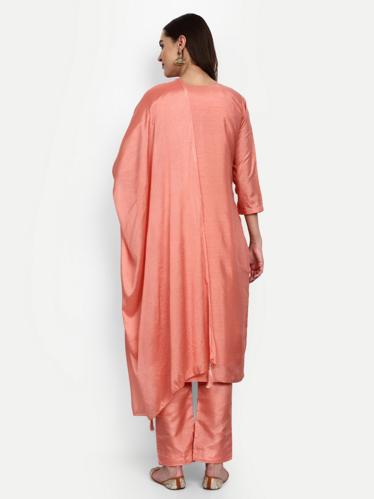 Peach Dola Silk Straight Suit Set