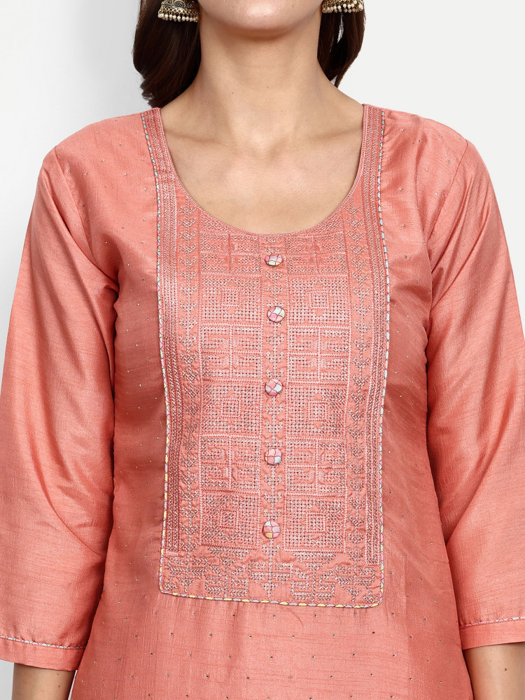 Peach Dola Silk Straight Suit Set