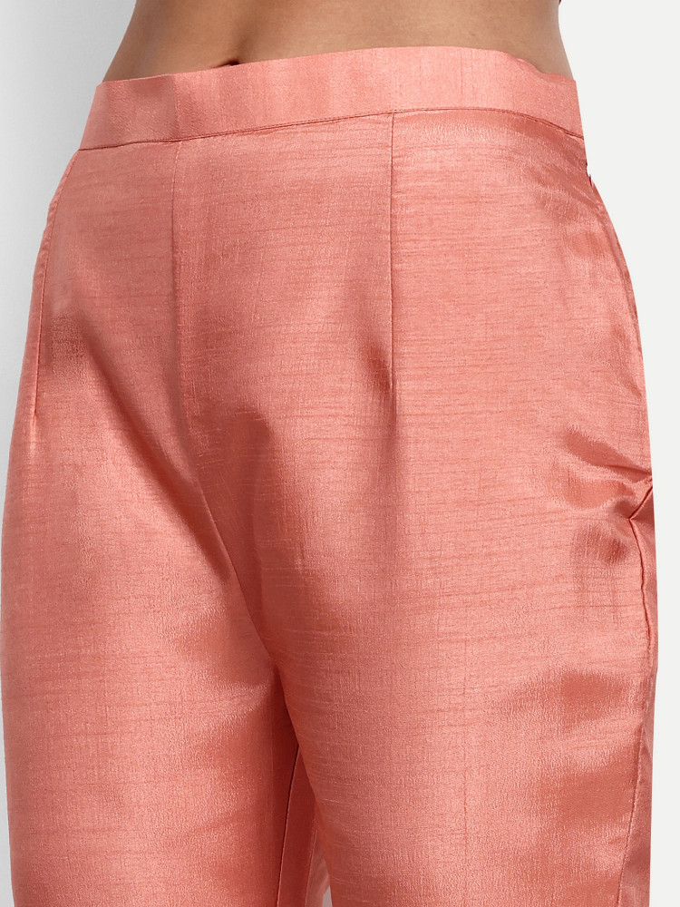 Peach Dola Silk Straight Suit Set