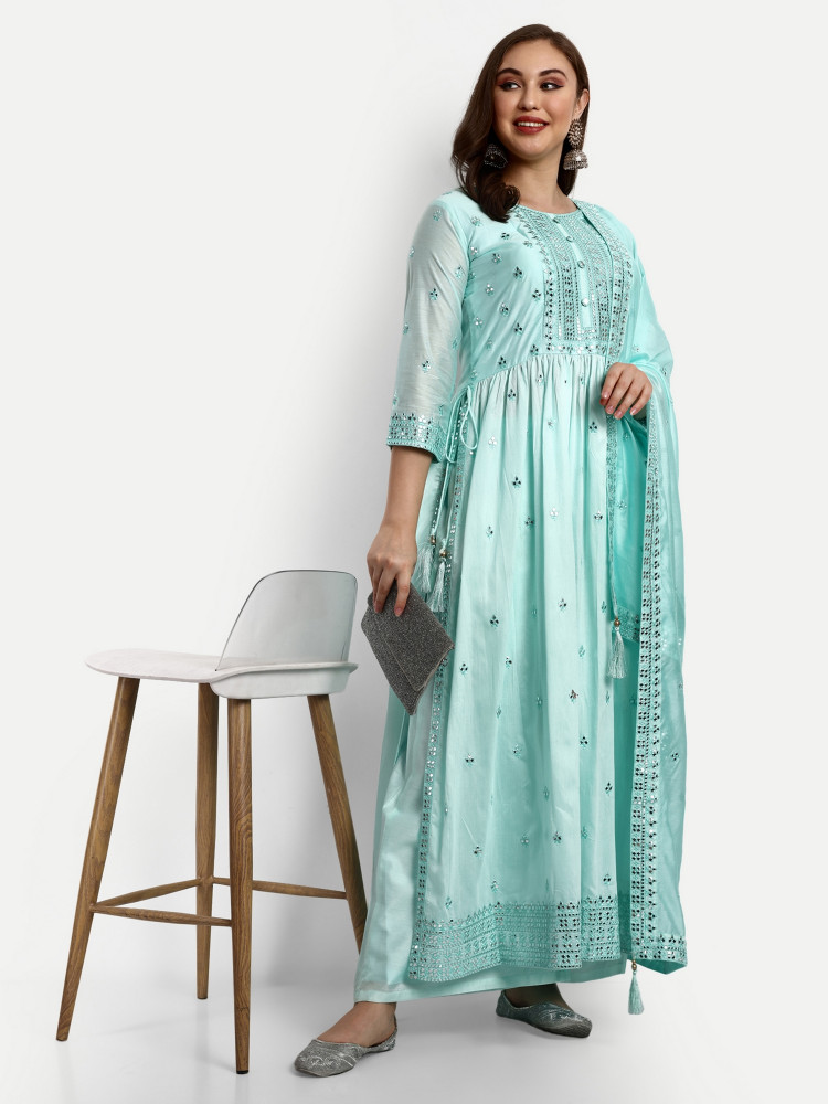 Sky Blue Chanderi Silk Plazo Suit Set