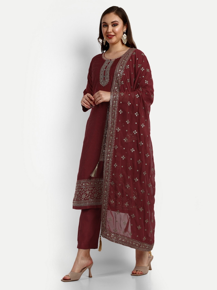 Red Dola Silk Straight Suit Set