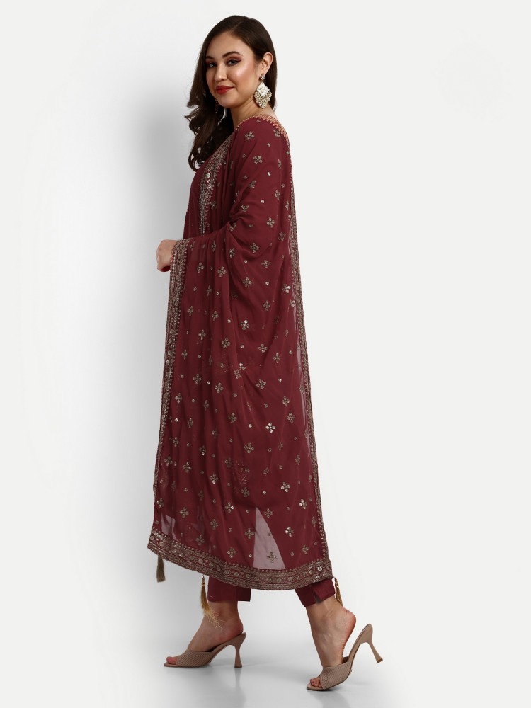 Red Dola Silk Straight Suit Set