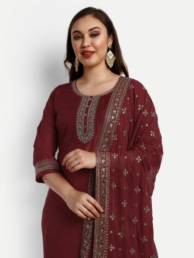 Red Dola Silk Straight Suit Set