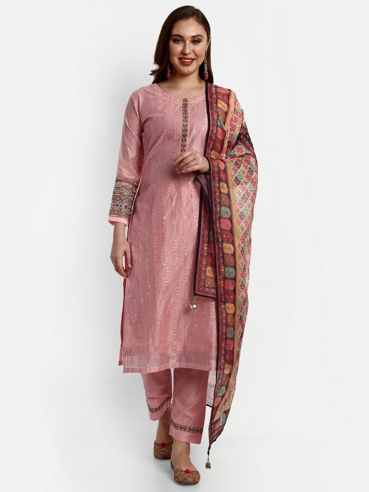 Peach Chanderi Silk Straight Suit Set