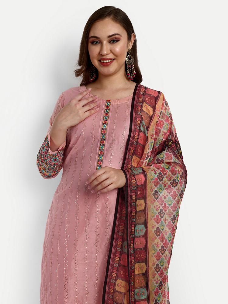 Peach Chanderi Silk Straight Suit Set