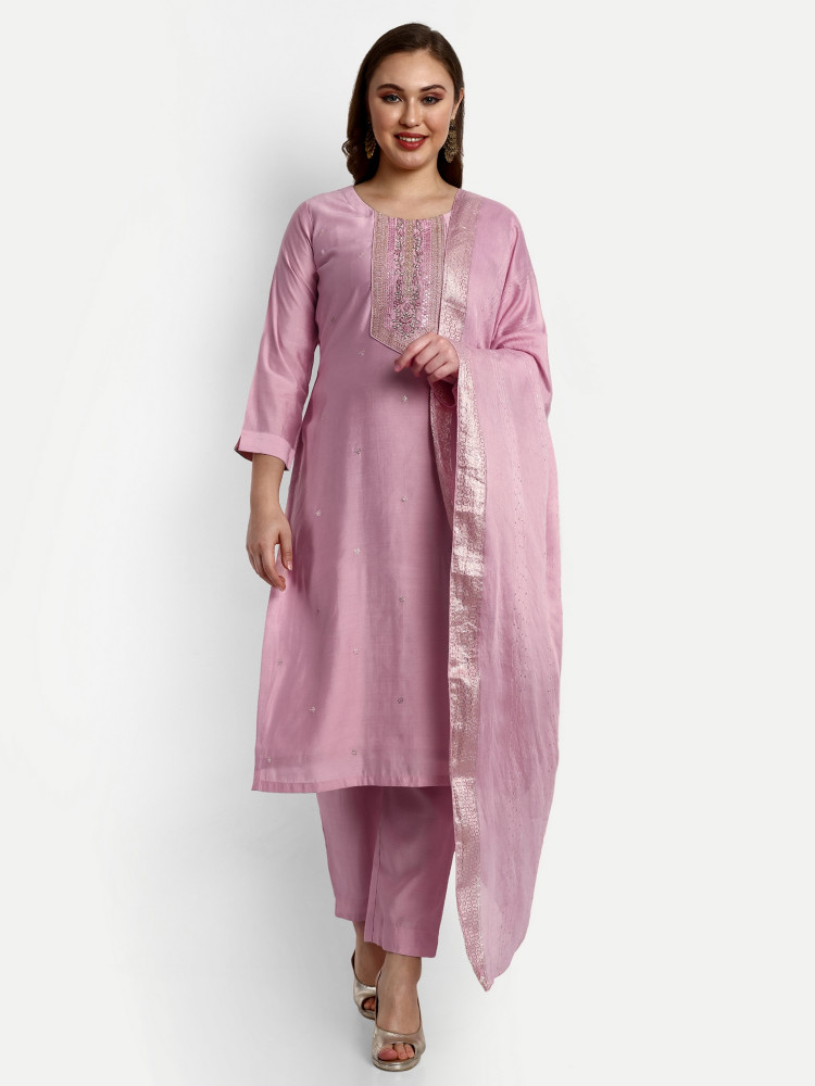 Onion Pink Chanderi Silk Straight Suit Set