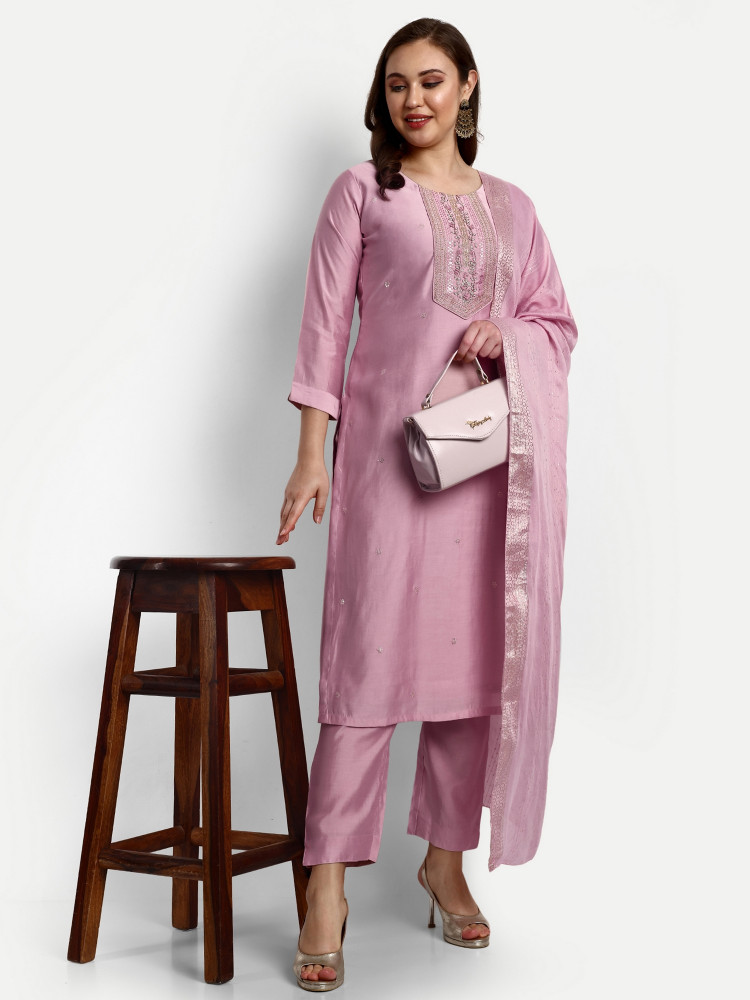 Onion Pink Chanderi Silk Straight Suit Set