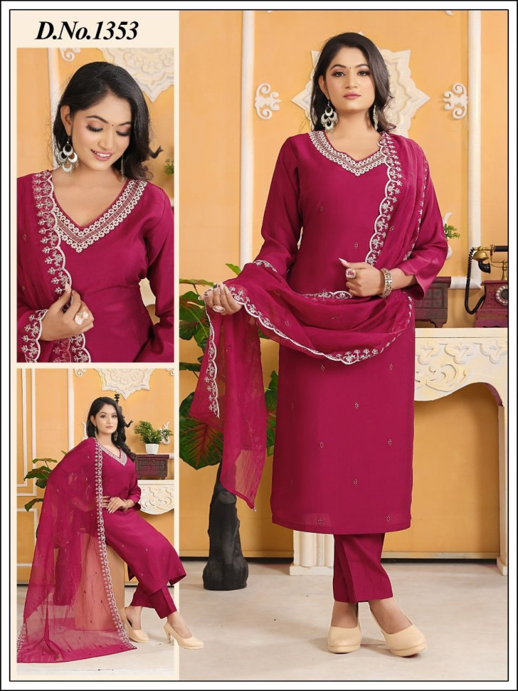 Maroon Roman Silk Straight Suit Set
