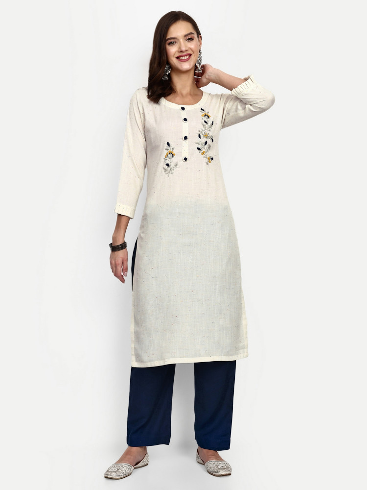 White Rayon Slub Straight Kurta Pant Set