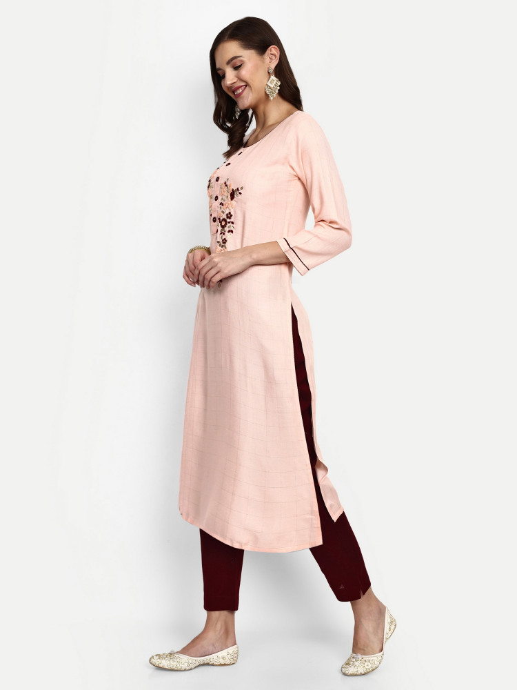 Peach & Maroon Straight Kurta Pant Set