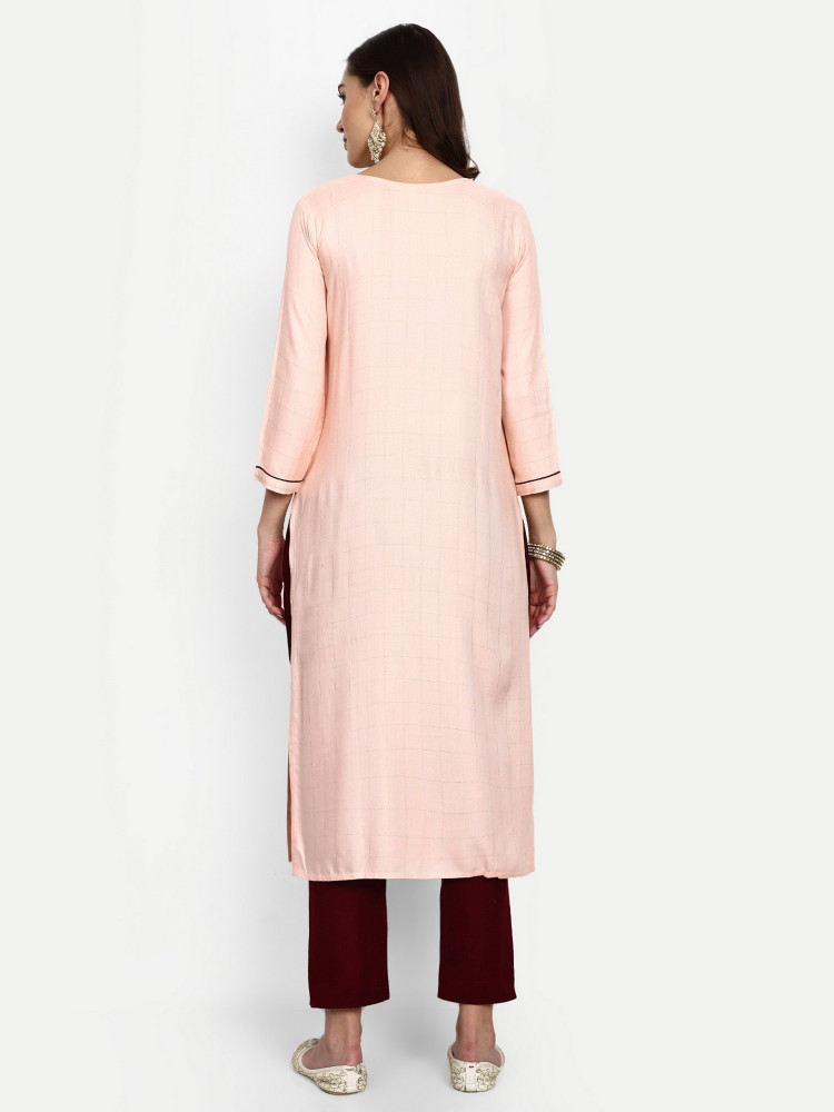 Peach & Maroon Straight Kurta Pant Set
