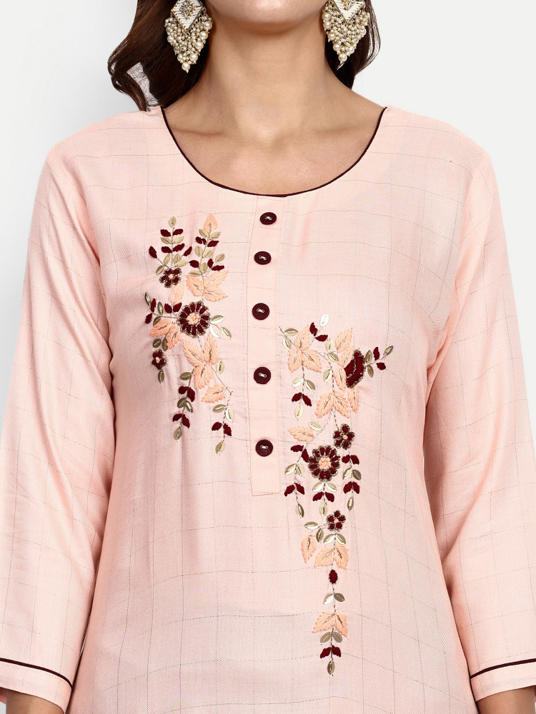 Peach & Maroon Straight Kurta Pant Set